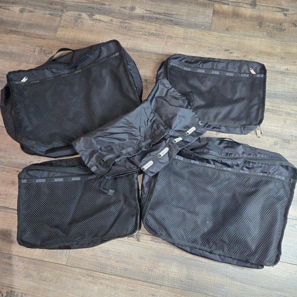 LeSportsac Black 5 Pc Travel Packing Bags Cube Set Mesh Ripstop Nylon Organizers